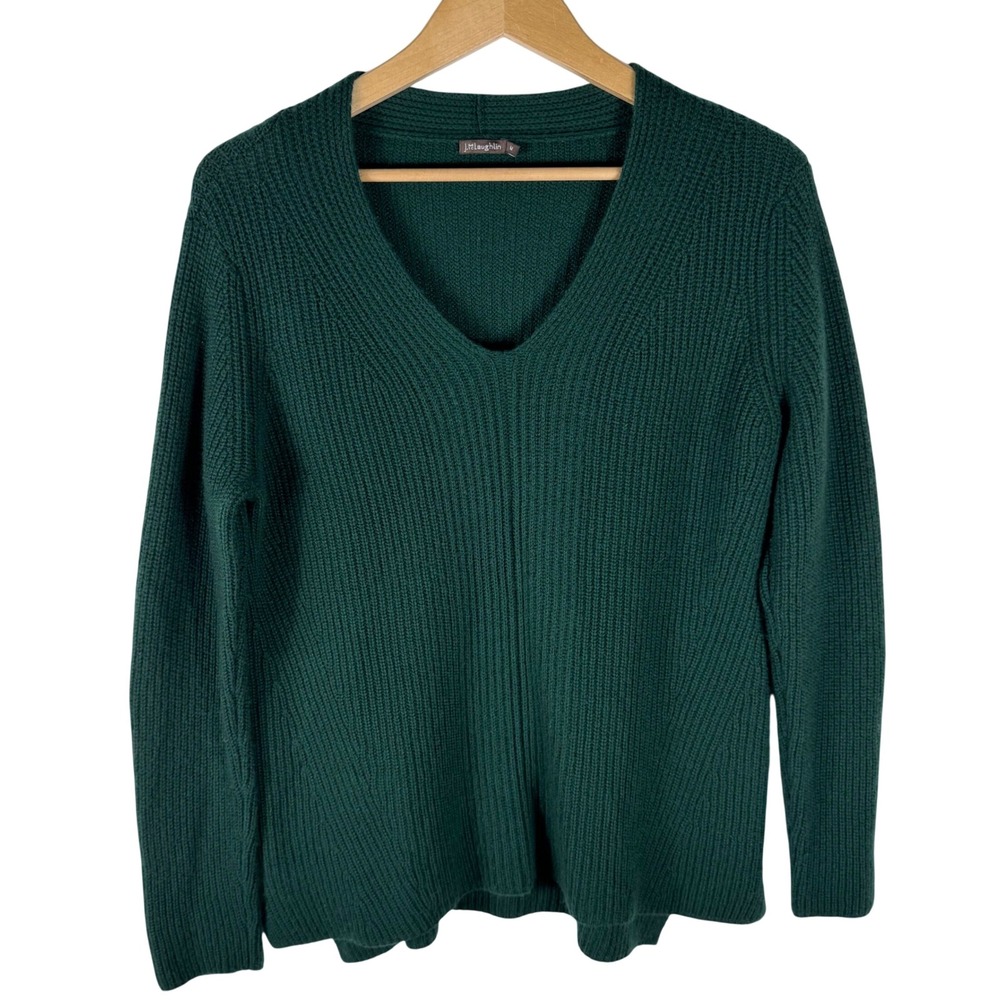 J.McLaughlin Cashmere Wool Blend Sweater Womens M Green Ribbed V Neck